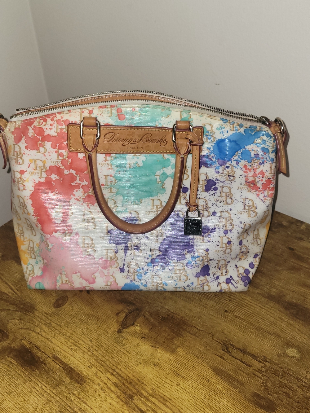Dooney & Bourke Multicolor Splash Logo Satchel with Tan Trim
